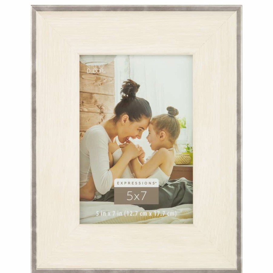 Frames * | Best Deal White With Silver Edges 5 X 7 Frame, Expressions By Studio Decor By Studio Decor