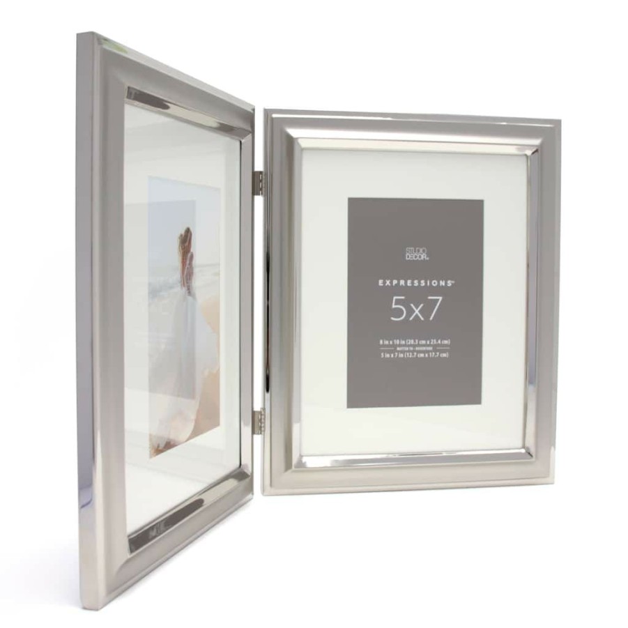 Frames * | Discount 2 Opening Silver Hinged 5 X 7 Frame With Mat, Expressions By Studio Decor By Studio Decor